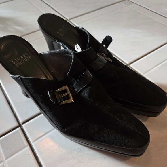 Stuart Weitzman Suede Buckle Slip On Heels Black 8M - Picture 1 of 9